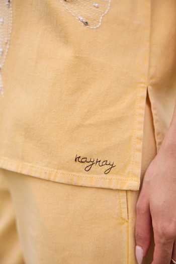 Buy_Kay Kay_Yellow Denim Collared Neck Felicity Embroidered Shirt And Pant Set 