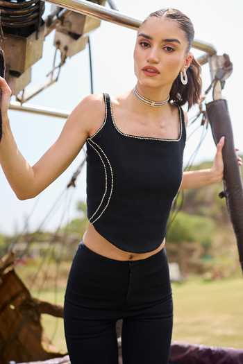 Buy_Kay Kay_Black Denim Square Neck Mirabella Top And Pant Co-ord Set 