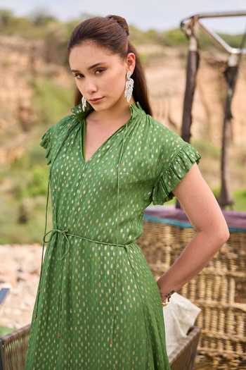 Buy_Kay Kay_Green Georgette, Lurex Mandarin Collar, V-neck Juliana Tiered Dress _Online_at_Aza_Fashions