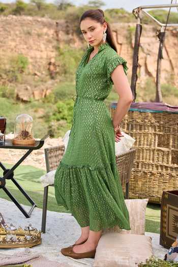 Buy_Kay Kay_Green Georgette, Lurex Mandarin Collar, V-neck Juliana Tiered Dress _at_Aza_Fashions