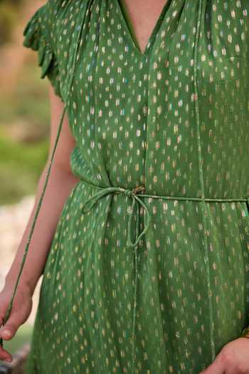 Shop_Kay Kay_Green Georgette, Lurex Mandarin Collar, V-neck Juliana Tiered Dress _Online_at_Aza_Fashions