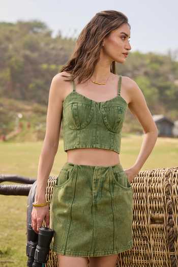 Kay Kay_Green Denim Collared Neck, Sweetheart Daniella Embellished Shrug And Skirt Set _Online_at_Aza_Fashions