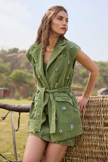 Kay Kay_Green Denim Collared Neck, Sweetheart Daniella Embellished Shrug And Skirt Set _at_Aza_Fashions