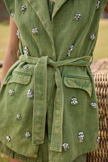 Buy_Kay Kay_Green Denim Collared Neck, Sweetheart Daniella Embellished Shrug And Skirt Set 