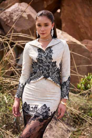 Kay Kay_Black Lace Sylenne Blazer And Skirt Set _Online_at_Aza_Fashions
