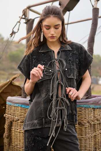 Kay Kay_Black Denim Collared Neck Giselle Tassel Tie Top And Pant Co-ord Set _Online