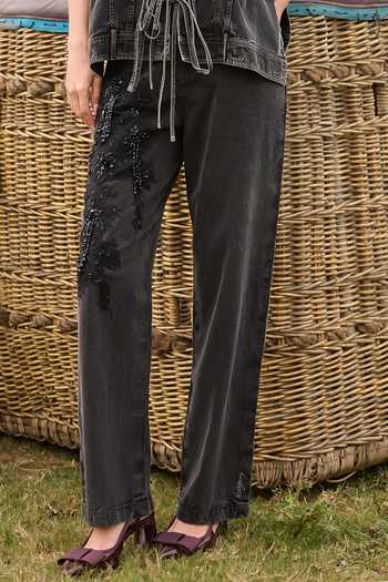 Buy_Kay Kay_Black Denim Collared Neck Giselle Tassel Tie Top And Pant Co-ord Set _Online