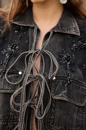 Shop_Kay Kay_Black Denim Collared Neck Giselle Tassel Tie Top And Pant Co-ord Set _Online