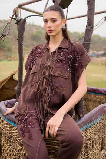 Shop_Kay Kay_Brown Denim Collared Neck Elowen Tassel Tie Top And Pant Co-ord Set _Online_at_Aza_Fashions
