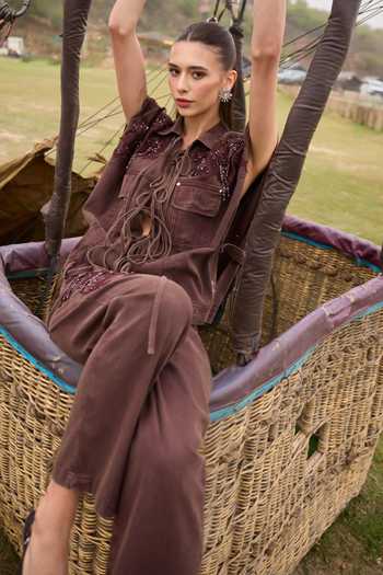 Kay Kay_Brown Denim Collared Neck Elowen Tassel Tie Top And Pant Co-ord Set _Online