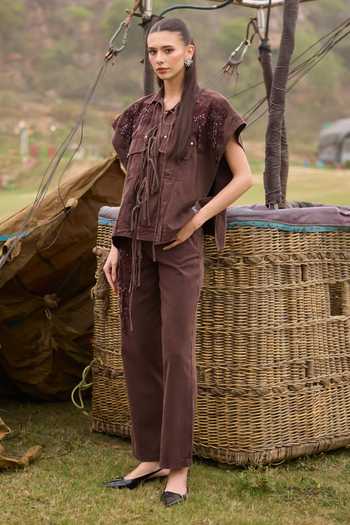 Buy_Kay Kay_Brown Denim Collared Neck Elowen Tassel Tie Top And Pant Co-ord Set _Online