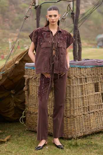 Shop_Kay Kay_Brown Denim Collared Neck Elowen Tassel Tie Top And Pant Co-ord Set _Online