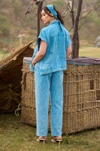 Shop_Kay Kay_Blue Denim Collared Neck Jolie Tassel Tie Top And Pant Co-ord Set _at_Aza_Fashions