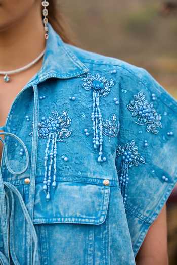Kay Kay_Blue Denim Collared Neck Jolie Tassel Tie Top And Pant Co-ord Set _Online_at_Aza_Fashions