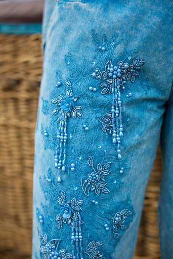 Buy_Kay Kay_Blue Denim Collared Neck Jolie Tassel Tie Top And Pant Co-ord Set 