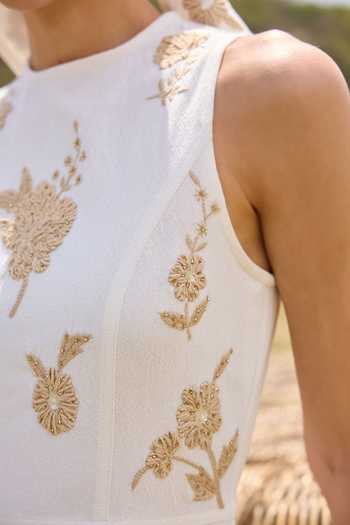 Kay Kay_White Cotton High Neck Aveline Floral Embellished Dress _Online_at_Aza_Fashions