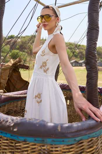 Buy_Kay Kay_White Cotton High Neck Aveline Floral Embellished Dress _Online_at_Aza_Fashions