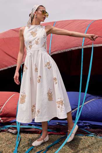 Buy_Kay Kay_White Cotton High Neck Aveline Floral Embellished Dress 