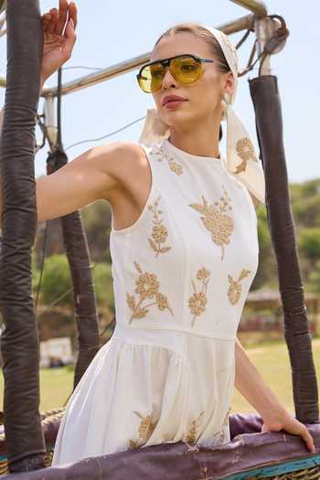 Shop_Kay Kay_White Cotton High Neck Aveline Floral Embellished Dress 