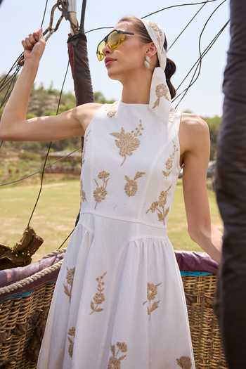 Kay Kay_White Cotton High Neck Aveline Floral Embellished Dress _Online
