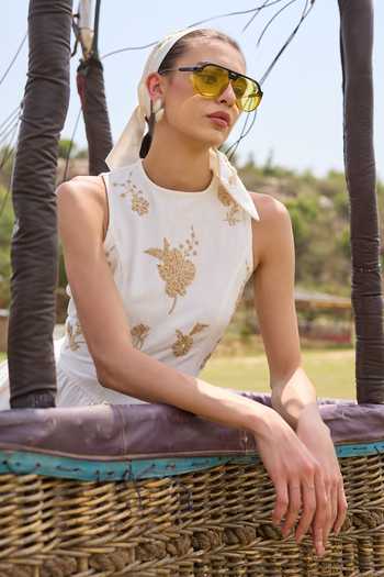 Buy_Kay Kay_White Cotton High Neck Aveline Floral Embellished Dress _Online