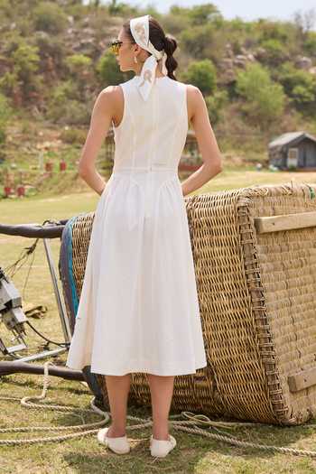 Shop_Kay Kay_White Cotton High Neck Aveline Floral Embellished Dress _at_Aza_Fashions