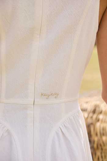 Shop_Kay Kay_White Cotton High Neck Aveline Floral Embellished Dress _Online