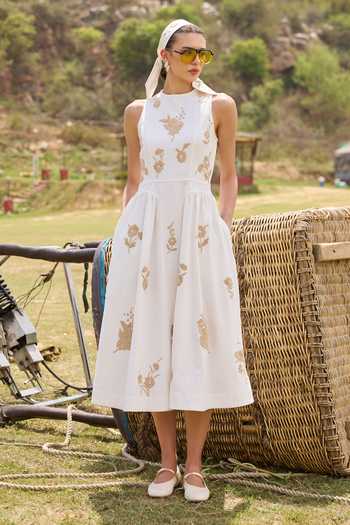 Buy_Kay Kay_White Cotton High Neck Aveline Floral Embellished Dress _at_Aza_Fashions