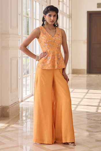 Buy_RINESSA_Orange Chanderi, Shantoon V-neck Embroidered Peplum Top With Trouser _at_Aza_Fashions