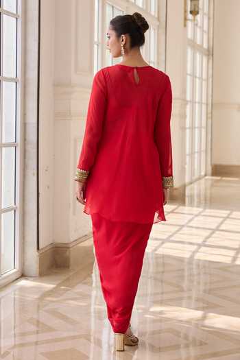 Shop_RINESSA_Red Organza, Georgette, Net, Shantoon Embellished Short Kurta With Dhoti Skirt _at_Aza_Fashions