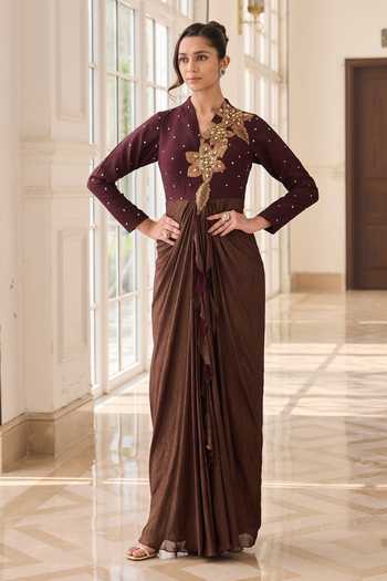 Buy_RINESSA_Brown Silk, Net, Dupion, Shantoon Asymmetric Neck Hand Embellished Draped Dress _at_Aza_Fashions