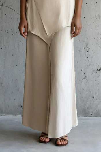 Vanshika Agarwal Label_Beige Satin V-neck Julia Wrap Top And Trouser Set _Online_at_Aza_Fashions