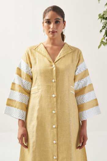 Buy_Savaaya_Yellow Linen Collared Neck The Sun Muse Dress _Online_at_Aza_Fashions