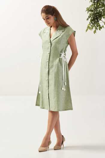 Savaaya_Green Linen V-neck The Sage Two Tone Dress _Online_at_Aza_Fashions
