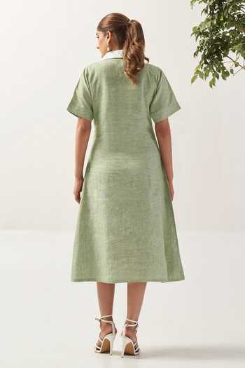 Shop_Savaaya_Green Linen V-, Collared The Meadow Two Tone Dress _at_Aza_Fashions