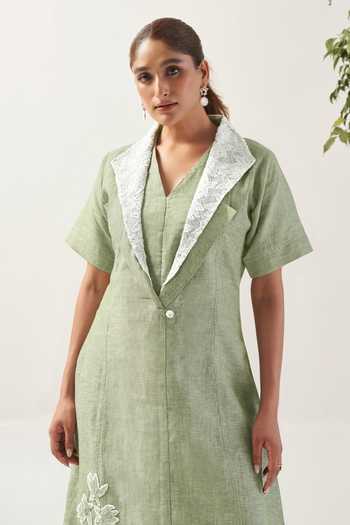 Buy_Savaaya_Green Linen V-, Collared The Meadow Two Tone Dress _Online_at_Aza_Fashions