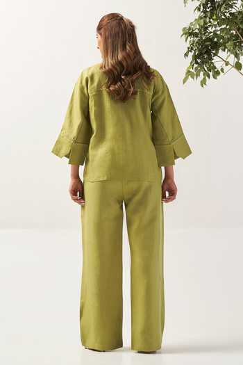 Shop_Savaaya_Green Linen Collared Neck The Botanica Handwork Patch Shirt _at_Aza_Fashions