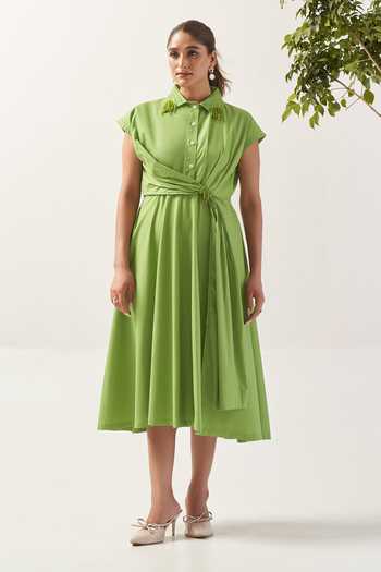 Buy_Savaaya_Green Cotton, Poplin Collared Neck The Citrine Draped Dress _at_Aza_Fashions