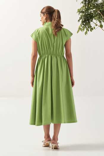 Shop_Savaaya_Green Cotton, Poplin Collared Neck The Citrine Draped Dress _at_Aza_Fashions