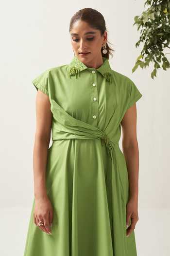 Shop_Savaaya_Green Cotton, Poplin Collared Neck The Citrine Draped Dress _Online_at_Aza_Fashions