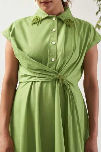 Savaaya_Green Cotton, Poplin Collared Neck The Citrine Draped Dress _at_Aza_Fashions