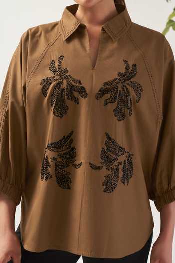 Savaaya_Brown Cotton, Poplin Collared Neck The Dune Handwork Shirt _Online_at_Aza_Fashions