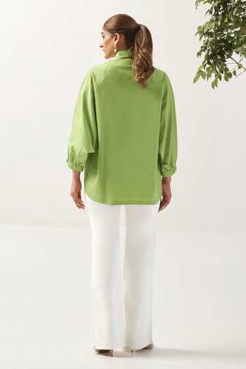 Shop_Savaaya_Green Cotton, Poplin Collared Neck The Verdant Handwork Shirt _at_Aza_Fashions