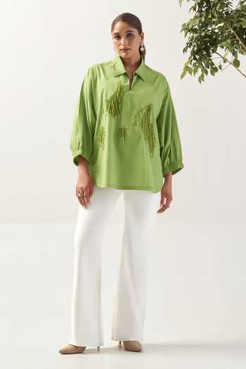 Buy_Savaaya_Green Cotton, Poplin Collared Neck The Verdant Handwork Shirt _Online_at_Aza_Fashions