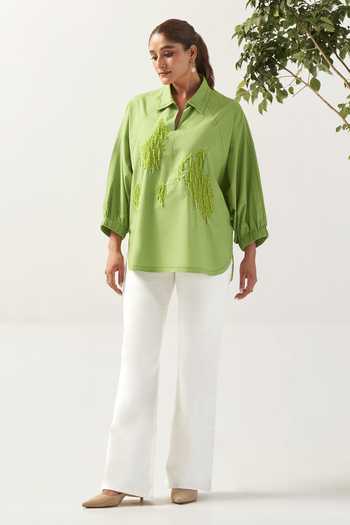 Shop_Savaaya_Green Cotton, Poplin Collared Neck The Verdant Handwork Shirt _Online_at_Aza_Fashions