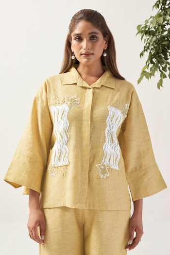 Savaaya_Yellow Linen Collared Neck Soliel Schiffli Panel Shirt _Online_at_Aza_Fashions