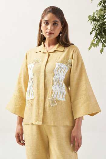 Buy_Savaaya_Yellow Linen Collared Neck Soliel Schiffli Panel Shirt _at_Aza_Fashions