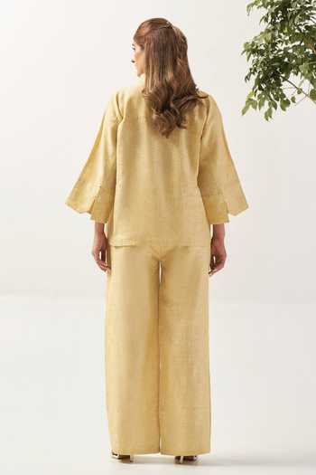 Shop_Savaaya_Yellow Linen Collared Neck Soliel Schiffli Panel Shirt _at_Aza_Fashions
