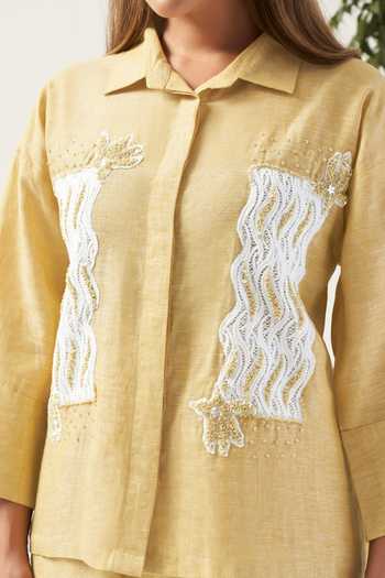 Savaaya_Yellow Linen Collared Neck The Soliel Schiffli Panel Shirt And Pant Co-ord Set _at_Aza_Fashions