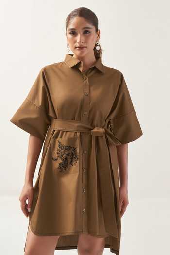 Buy_Savaaya_Brown Cotton, Poplin Button-down Neck The Terra Handwork Tie-up Dress _Online_at_Aza_Fashions